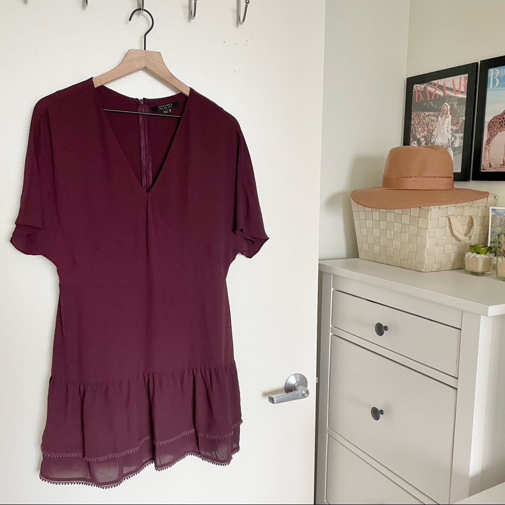 AllSaints Marley Dress in Burgundy/Bordeaux